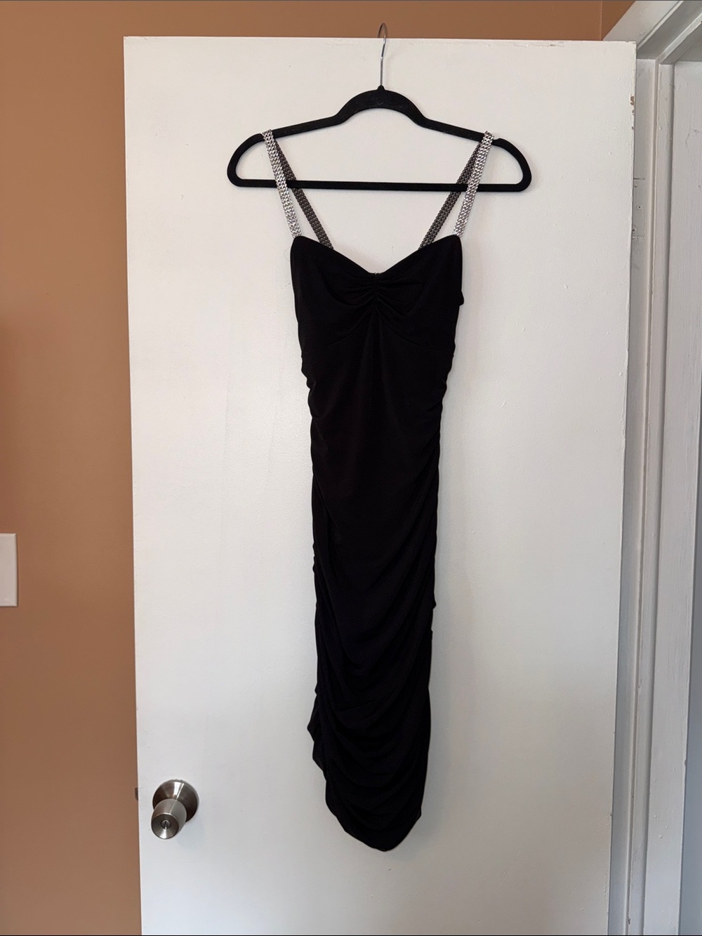 MODA International Black Midi Ruched Evening Dress with Rhinestone Straps